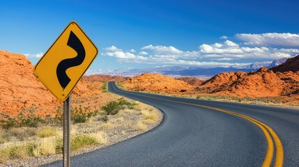 Winding Road Sign in Desert Landscape with Orange Rock Formations Under Blue Sky and White Clouds, Warning of Curvy Path Ahead for Drivers