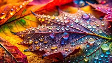 Fototapeta premium Captivating Macro Photography of September's Watercolor Wonders: A Close-Up Exploration of Autumn Leaves, Dew Drops, and Nature's Palette in Vibrant Hues