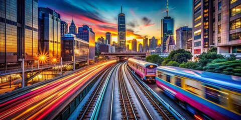 Fototapeta premium Captivating Motion Blur of Trains Passing Through Urban Landscapes: A Fashion Photography Perspective on City Life and Transit Dynamics