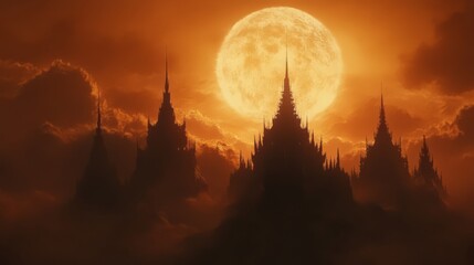 Silhouette of a castle with a large moon in the background, dark sky and clouds.