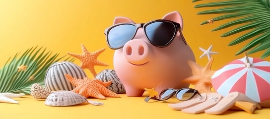 cheerful piggy bank wearing sunglasses is surrounded by seashells, starfish, and tropical elements, evoking fun summer vibe. Perfect for beach themed savings inspiration!