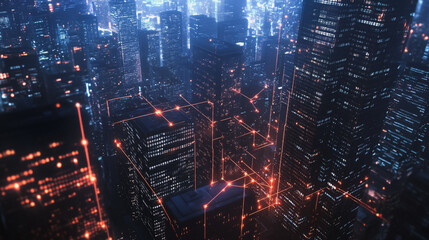 Fototapeta premium Smart digital Innovation city Business skyscrapers in the Financial District with connection network reciprocity over the cityscape. of future smart wireless digital city and social media networking