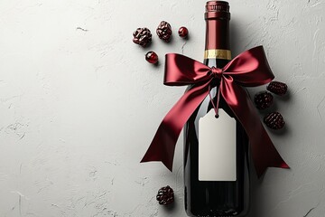 A luxurious black wine bottle adorned with a burgundy satin bow, ideal for winter celebrations, gifting, or holiday events. Perfect for New Year's, Christmas, and elegant soirées.