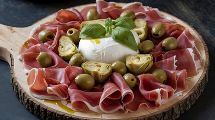 Traditional Italian antipasto platter with prosciutto, olives, mozzarella, artichokes, and sun-dried tomatoes on rustic wood board