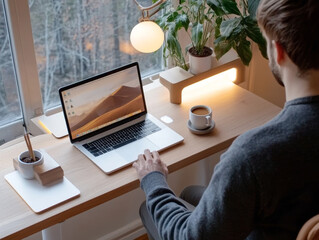 Man Working From Home at Minimalist Workspace With Laptop