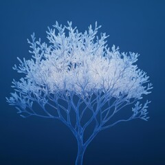 Fototapeta premium Ice-capped tree illuminated by soft blue ambient light, cold and delicate winter detail, tranquil and serene scene