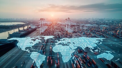 Sunrise over port with digital global map overlay