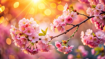 Obraz premium Captivating Pink Cherry Blossom Blooms Bathed in Golden Spring Sunlight, Showcasing Nature's Beauty in a Serene Landscape with Perfect Rule of Thirds Composition