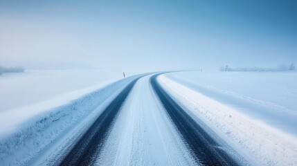 Ice-covered road with pale blue light, cold fog, tranquil and serene winter landscape