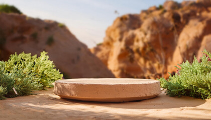 Empty sandstone podium surrounded by desert flora, rocky wall on backdrop. Empty pedestal
