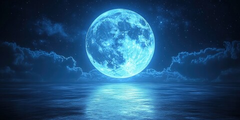 Captivating Night Scene Featuring a Large Blue Moon Illuminating a Calm Ocean with Starry Sky and Soft Clouds in a Serene Natural Landscape