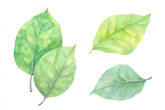 Fototapeta Watercolor green leaves in various shapes and shades create serene and natural atmosphere, perfect for design projects or botanical themes