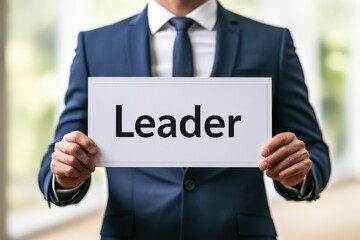 A confident leader holding a sign labeled 'Leader', representing leadership and authority in a professional setting.