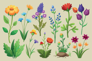 Obraz premium Collection of wildflowers, set, clipart, design game asset sprite sheet, aquarelle illustration, of hand drawn plants, leaves, flowers. Silhouettes of natural elements for seasonal backgrounds, and ve