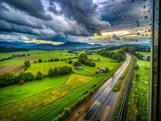 Captivating Rainy Countryside Landscape Captured from a Train Window on an Overcast Day, Showcasing Lush Green Fields and Misty Mountains Beyond the Tracks