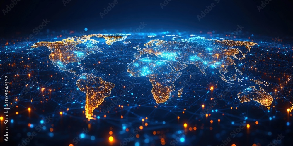Poster stunning digital representation of a global network at night showcasing brightly lit continents inte