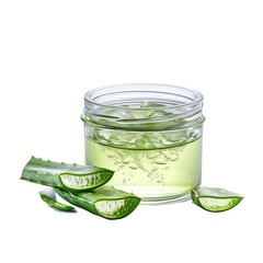 Glass jar with fresh aloe Vera inner gel and aloe vera cuts near it isolated on transparent background