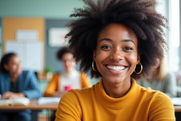 Fototapeta premium Smiling young woman in classroom setting with diverse colleagues engaged in learning