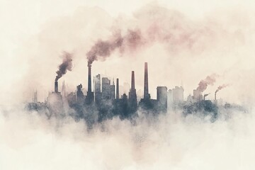 Obraz premium Minimalist Watercolor of Polluted Skyline with Smoke