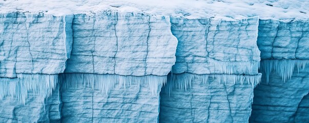 Icy cliff face with soft blue ambient light, detailed textures of frost and snow, cold and dramatic landscape