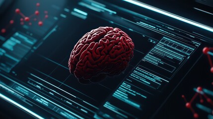 A detailed, realistic 3D rendering of a human brain against a digital interface background.