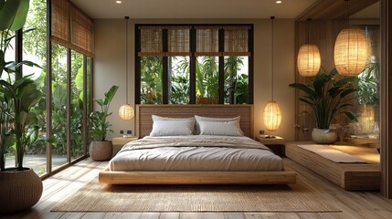 Tranquil bamboo bedroom featuring natural decor, eco-friendly design, interior design, and lush greenery creating a serene, sustainable, and peaceful retreat