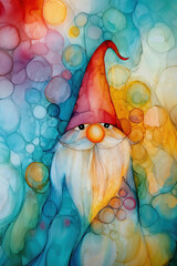 christmas gnome, magic fantasy, alcohol ink painting, psychedelic abstract, bright saturated background