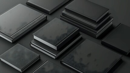 Black Book Mockup: Stacked and Scattered on Dark Background