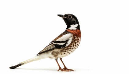 A small bird standing on a reflective surface against a white background. The bird's detailed plumage and sharp eye make it visually striking. AI generated.
