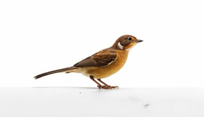 A small bird standing on a reflective surface against a white background. The bird's detailed plumage and sharp eye make it visually striking. AI generated.
