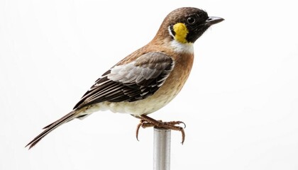 Fototapeta premium A small bird standing on a reflective surface against a white background. The bird's detailed plumage and sharp eye make it visually striking. AI generated. 