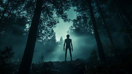 Fototapeta premium A man stands in a forest at night, looking into the distance