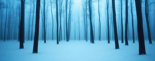 Misty forest with pale blue lighting, cold fog, serene and tranquil winter atmosphere