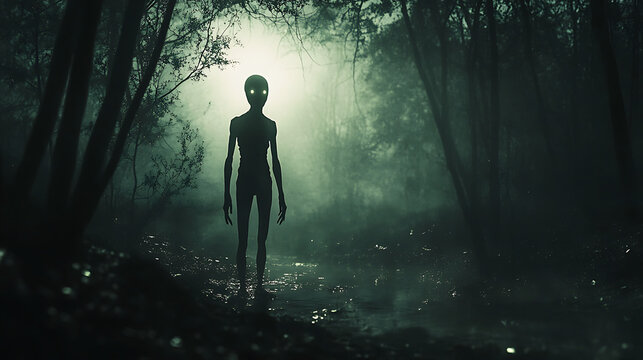 A creepy alien is standing in a dark forest