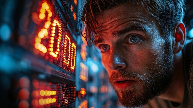 Proactive Cybersecurity: Office Worker Alerted of Cyberattack on Computer Screen in Secure Server Room