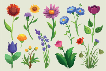 Collection of wildflowers, set, clipart, design game asset sprite sheet, aquarelle illustration, of hand drawn plants, leaves, flowers. Silhouettes of natural elements for seasonal backgrounds, and ve