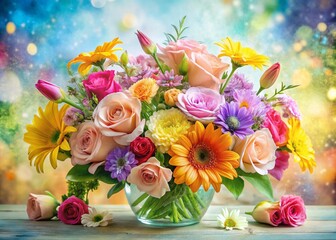 Captivating Watercolor Birthday Flowers Arrangement with High Depth of Field Enhancing the Vibrant Colors and Delicate Petals for Celebratory Decor and Invitations