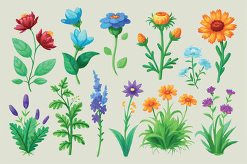 Collection of wildflowers, set, clipart, design game asset sprite sheet, aquarelle illustration, of hand drawn plants, leaves, flowers. Silhouettes of natural elements for seasonal backgrounds, and ve