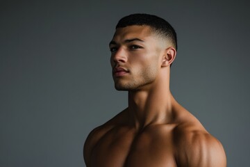 A striking portrait of a young man. He has a confident pose and a focused expression. The style is modern and minimalistic. Perfect for editorial use. Generative AI