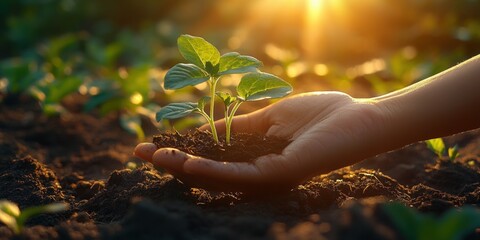 Fototapeta premium Nurturing Seedling in Hand Against a Backdrop of Sunlit Soil and Greenery, Symbolizing Growth, Nature, and Environmental Stewardship in Agriculture