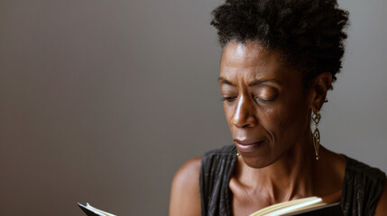 A woman with short, natural hair is deeply focused on reading a book in a cozy indoor setting. The soft lighting highlights her serene expression,