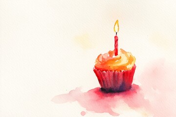 Minimalist Watercolor Cupcake with Candle