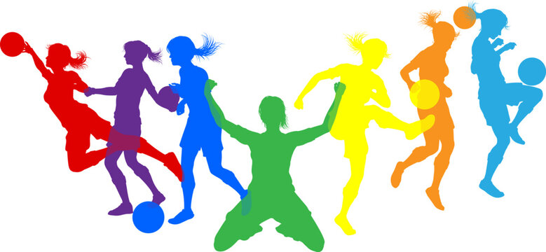 Silhouette women soccer female football player set. Active sports people healthy players fitness silhouettes concept.