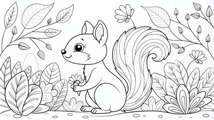 Charming Cartoon Squirrel Coloring Book Page - Black and White Illustration Perfect for Kids and Adults to Enjoy Creative Coloring Time with a Playful Little Squirrel Character