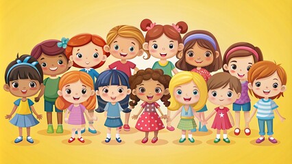 Charming Collection of Cute Girl Cartoon Characters in Flat Design with Colorful Illustrations for Children's Themes and Creative Projects