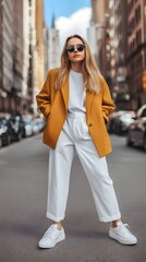 Fototapeta premium A woman in a yellow jacket and white pants stands on a city street