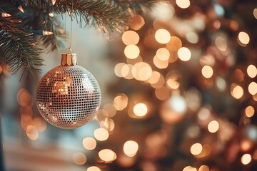 Obraz premium Golden bauble on festive Christmas tree with warm lights