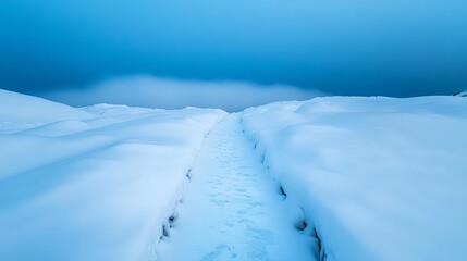 Fototapeta premium Snow-covered pathway illuminated by a pale blue glow, ambient cold fog rising from the ground, quiet winter night