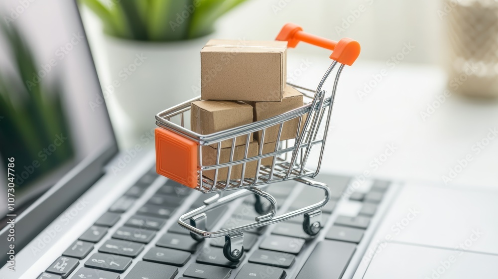 Poster small shopping cart with cardboard boxes standing on laptop keyboard is representing online shopping