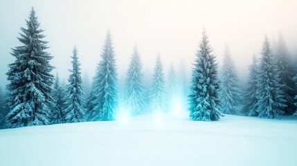 Fototapeta premium Snow-covered pine forest with beams of pale blue light piercing through the fog, creating a mystical cold atmosphere, soft ambient glow